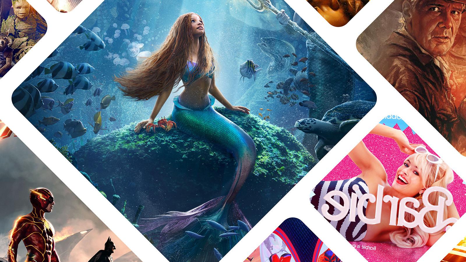 A mosaic of images from 2023’s summer movies, including ‘The Little Mermaid,’ ‘Barbie,’ and ‘Indiana Jones and the Dial of Destiny.'